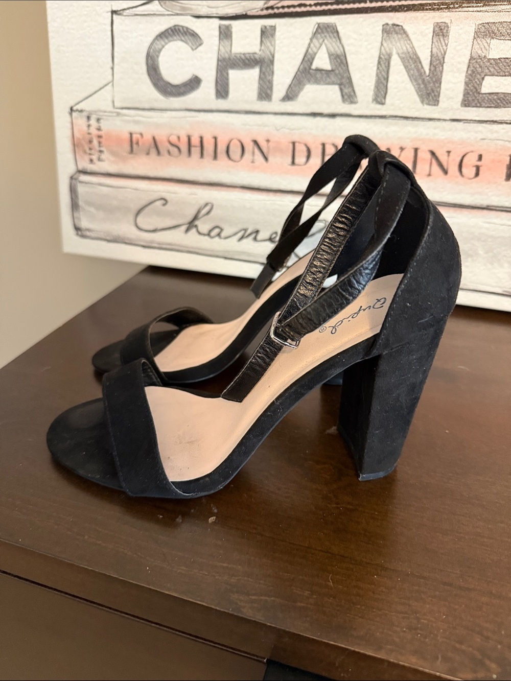 Qupid Black Suede Block Heels with Ankle Straps